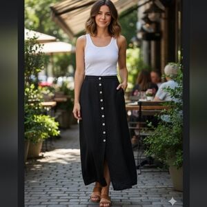 Vintage linen maxi skirt black Pearl buttons down small